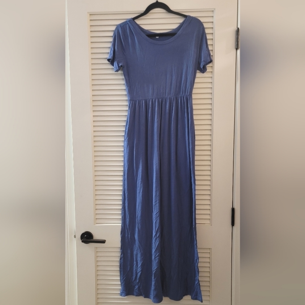 Blue Short-Sleeve Maxi Dress With Pockets